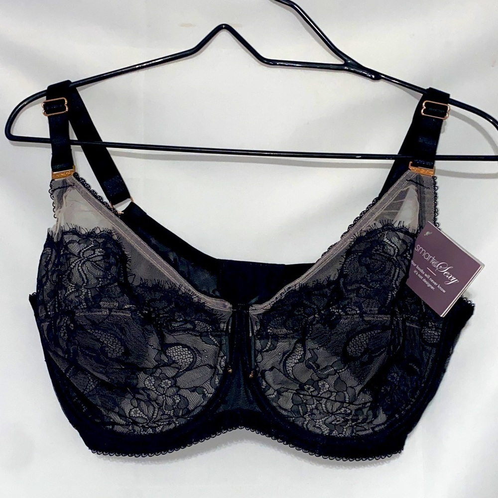 NWT SMART AND SEXY SIZE 38DDD BLACK‎ CREAM LACE SHEER UNDERWIRE BRA ADJUSTABLE